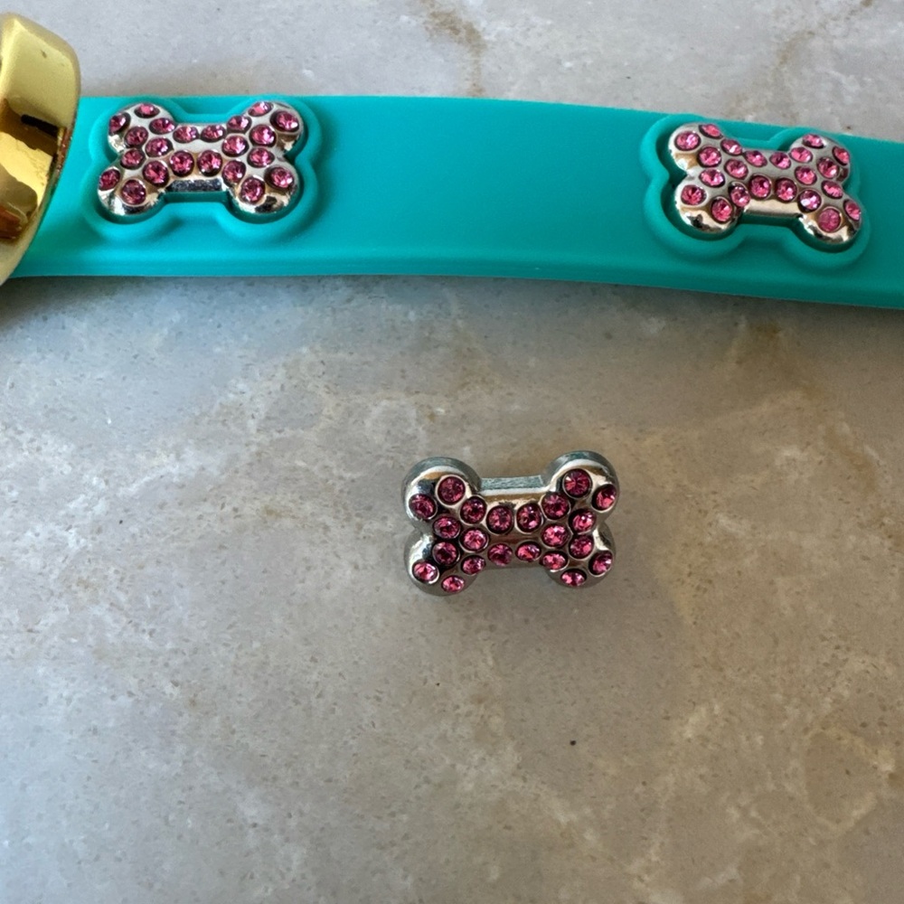 NEW Bonefly Puppy Dog Gift Collar Aqua Gold +4 X Swarovski Pink Charms Sz XS - Picture 6 of 13